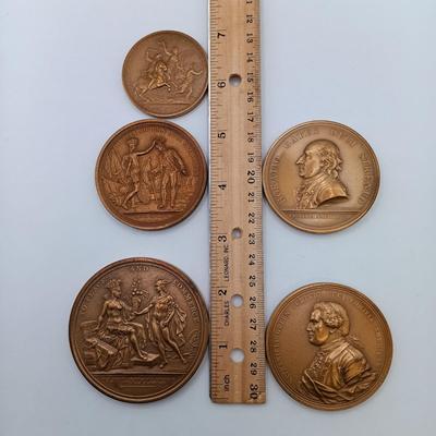 LOT 20: Set of 5 Metal Medallions- Horatio Gates, Nathaniel Green, Diplomatic Medal & More