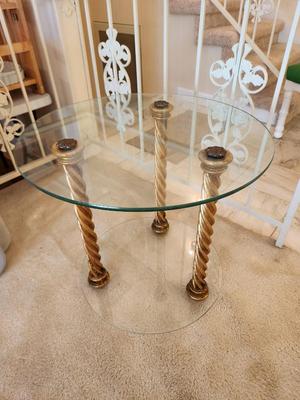 Lot #80 Round Glass Columnar Table - Hollywood Regency