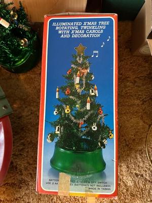 4’ LIGHTED CHRISTMAS TREE, VINTAGE LIGHTS, ORNAMENTS AND MUCH MORE