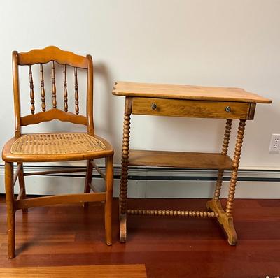 L427 Antique Pine Spool Leg Jenny LInd Style Table with Pine Cane Seat Chair