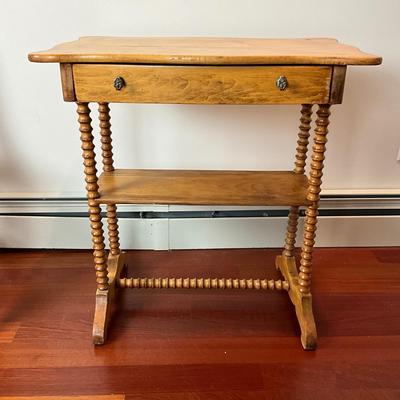 L427 Antique Pine Spool Leg Jenny LInd Style Table with Pine Cane Seat Chair
