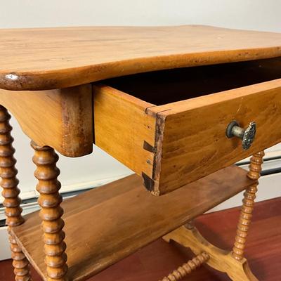 L427 Antique Pine Spool Leg Jenny LInd Style Table with Pine Cane Seat Chair