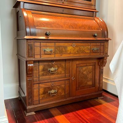 L435 Antique Eastlake Cylinder Carved Secretary Desk