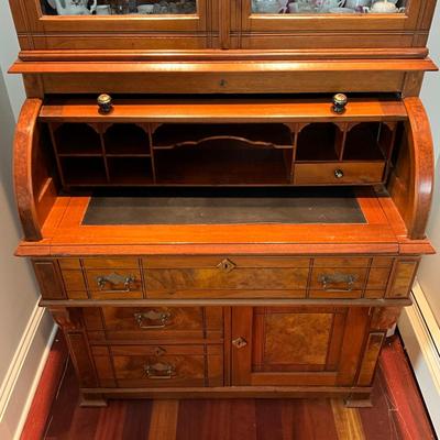 L435 Antique Eastlake Cylinder Carved Secretary Desk