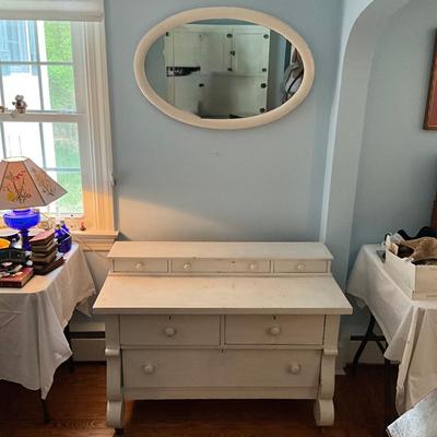 UBB443 Antique White Painted Empire Dresser with Oval Mirror