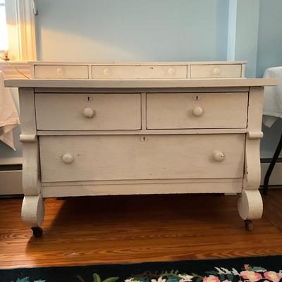UBB443 Antique White Painted Empire Dresser with Oval Mirror