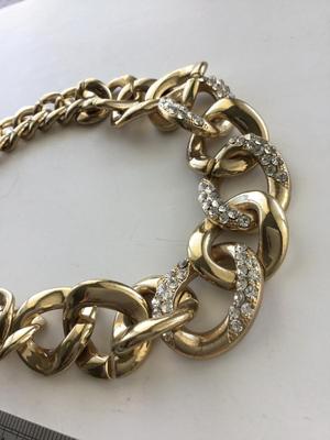 Gold tone chain type faux rhinestones statement necklace