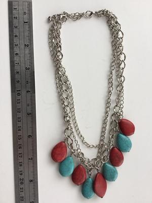 Silver tone blue and red stone type fashion necklace