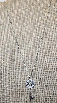 Mandala-Style KEY PENDANT 1¾" x ½" on a Silver Tone Necklace Chain 17" L