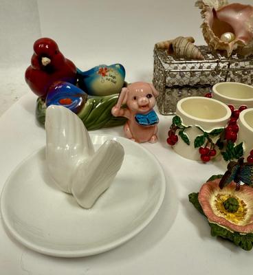 Home Decor Lot: Napkin Rings, Ceramic Figurines, Plates, Candle in Jar, and More