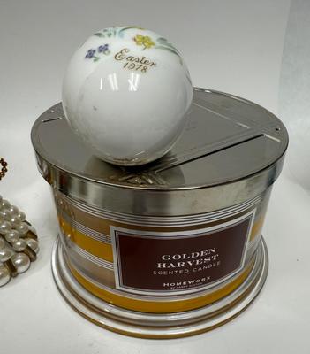 Home Decor Lot: Napkin Rings, Ceramic Figurines, Plates, Candle in Jar, and More