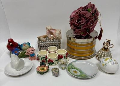 Home Decor Lot: Napkin Rings, Ceramic Figurines, Plates, Candle in Jar, and More