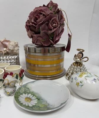 Home Decor Lot: Napkin Rings, Ceramic Figurines, Plates, Candle in Jar, and More