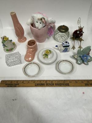 Misc small collectibles lot - USA pottery vase, crystal candle holder, pottery baby bootie,, etc