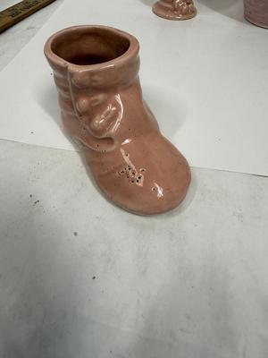 Misc small collectibles lot - USA pottery vase, crystal candle holder, pottery baby bootie,, etc