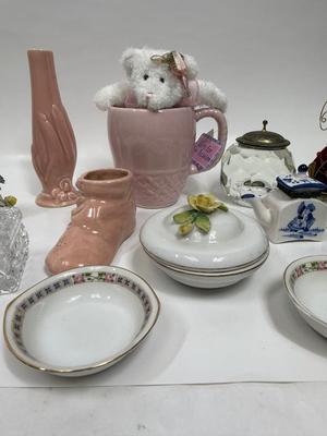 Misc small collectibles lot - USA pottery vase, crystal candle holder, pottery baby bootie,, etc