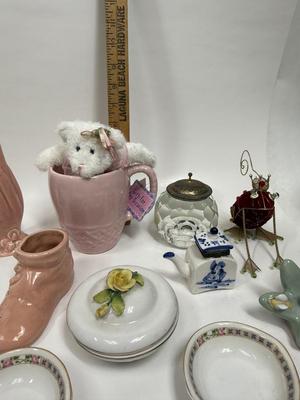 Misc small collectibles lot - USA pottery vase, crystal candle holder, pottery baby bootie,, etc