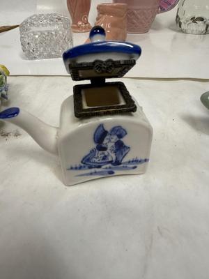 Misc small collectibles lot - USA pottery vase, crystal candle holder, pottery baby bootie,, etc