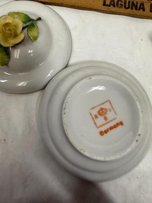 Misc small collectibles lot - USA pottery vase, crystal candle holder, pottery baby bootie,, etc