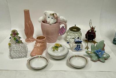 Misc small collectibles lot - USA pottery vase, crystal candle holder, pottery baby bootie,, etc