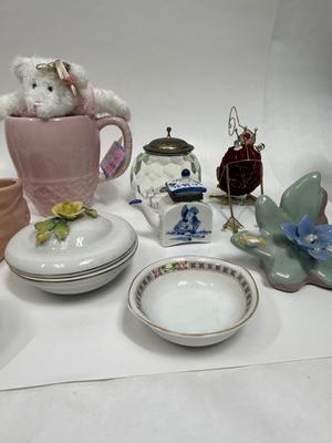 Misc small collectibles lot - USA pottery vase, crystal candle holder, pottery baby bootie,, etc