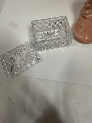 Misc small collectibles lot - USA pottery vase, crystal candle holder, pottery baby bootie,, etc