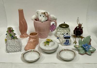 Misc small collectibles lot - USA pottery vase, crystal candle holder, pottery baby bootie,, etc