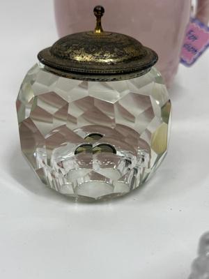 Misc small collectibles lot - USA pottery vase, crystal candle holder, pottery baby bootie,, etc