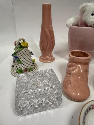Misc small collectibles lot - USA pottery vase, crystal candle holder, pottery baby bootie,, etc