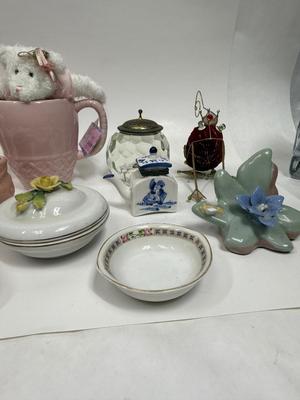 Misc small collectibles lot - USA pottery vase, crystal candle holder, pottery baby bootie,, etc