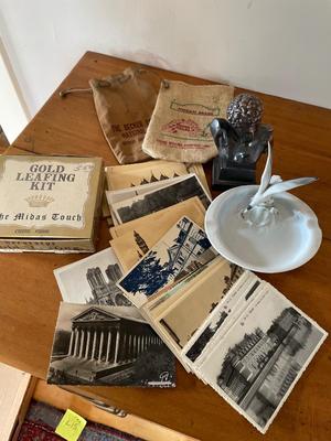 Statue, ashtray, vintage postcards