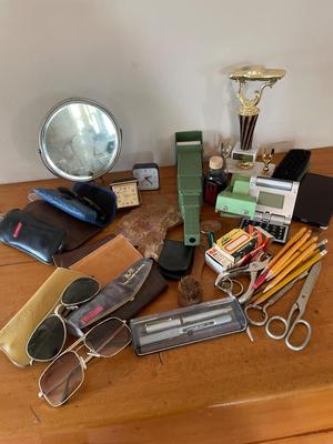 Misc office, glasses, clocks