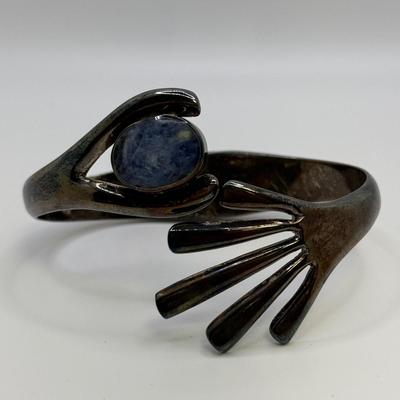 Sterling Silver Mexican Cuff Bracelet with Blue Stone (ST-HS)