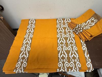 Vintage Tablecloth Orange Brown & White Jacquard Woven Cotton 60's - 70's MCM