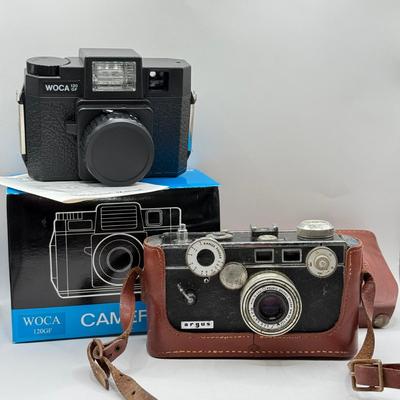 LOT 44K: Film Cameras: Argus Coated Cintar C3 Range Finder 35mm w/ Leather Case & Woca 120 GF w/ Box