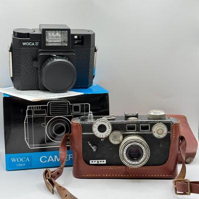 LOT 44K: Film Cameras: Argus Coated Cintar C3 Range Finder 35mm w/ Leather Case & Woca 120 GF w/ Box