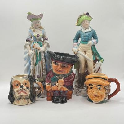 LOT 48K: 20th Century Lord & Lady Figurines Made in Japan, Staffordshire Shorter & Sons Toby Pitcher, Face Toby Mug made in...