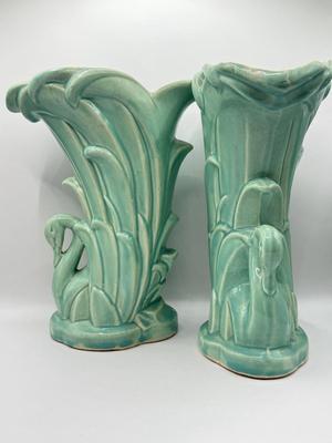 LOT 49K: Vintage Art Pottery: Hull USA Pink and Blue Magnolia Vase & Pair of McCoy Teal Swan Vases