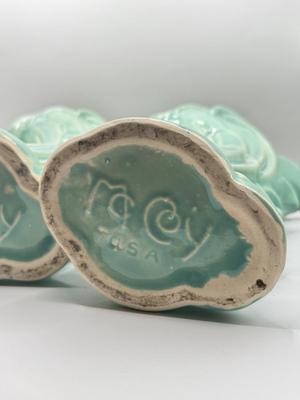 LOT 49K: Vintage Art Pottery: Hull USA Pink and Blue Magnolia Vase & Pair of McCoy Teal Swan Vases