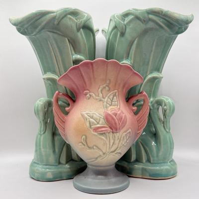 LOT 49K: Vintage Art Pottery: Hull USA Pink and Blue Magnolia Vase & Pair of McCoy Teal Swan Vases