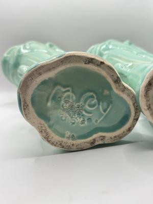 LOT 49K: Vintage Art Pottery: Hull USA Pink and Blue Magnolia Vase & Pair of McCoy Teal Swan Vases
