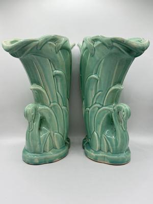 LOT 49K: Vintage Art Pottery: Hull USA Pink and Blue Magnolia Vase & Pair of McCoy Teal Swan Vases