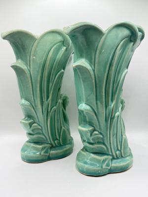 LOT 49K: Vintage Art Pottery: Hull USA Pink and Blue Magnolia Vase & Pair of McCoy Teal Swan Vases