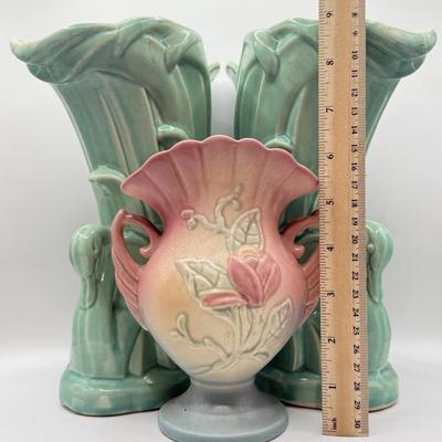 LOT 49K: Vintage Art Pottery: Hull USA Pink and Blue Magnolia Vase & Pair of McCoy Teal Swan Vases
