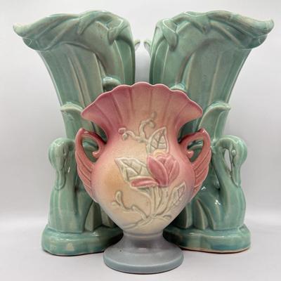 LOT 49K: Vintage Art Pottery: Hull USA Pink and Blue Magnolia Vase & Pair of McCoy Teal Swan Vases