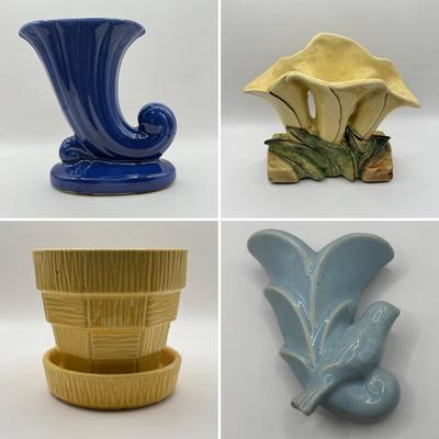 LOT 50K: Collection of Colorful Pottery: 1960s McCoy USA Triple Lily Vase, USA Pottery Cobalt Art Nouveau Vase, McCoy Yellow Pot&...