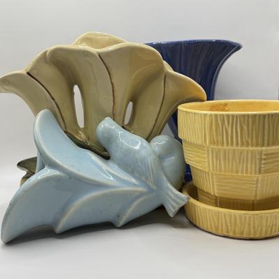 LOT 50K: Collection of Colorful Pottery: 1960s McCoy USA Triple Lily Vase, USA Pottery Cobalt Art Nouveau Vase, McCoy Yellow Pot&...