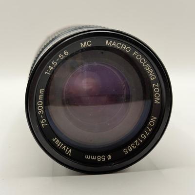 LOT 51K: Vivitar 58mm f/4.5-5.6 MC Macro Focusing Zoom Lens, Bower SFDRF Flash, Vivitar Auto Thyristor 2600-D Flash, DeJUR 135mm f/2.8...