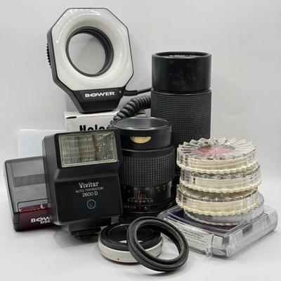 LOT 51K: Vivitar 58mm f/4.5-5.6 MC Macro Focusing Zoom Lens, Bower SFDRF Flash, Vivitar Auto Thyristor 2600-D Flash, DeJUR 135mm f/2.8...