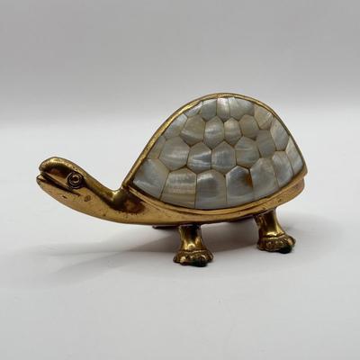 LOT 52K: Vintage Brass Collection: SK Brass World Candlestick Holders made in India, Mother of Pearl Turtle made in India & Pair of...
